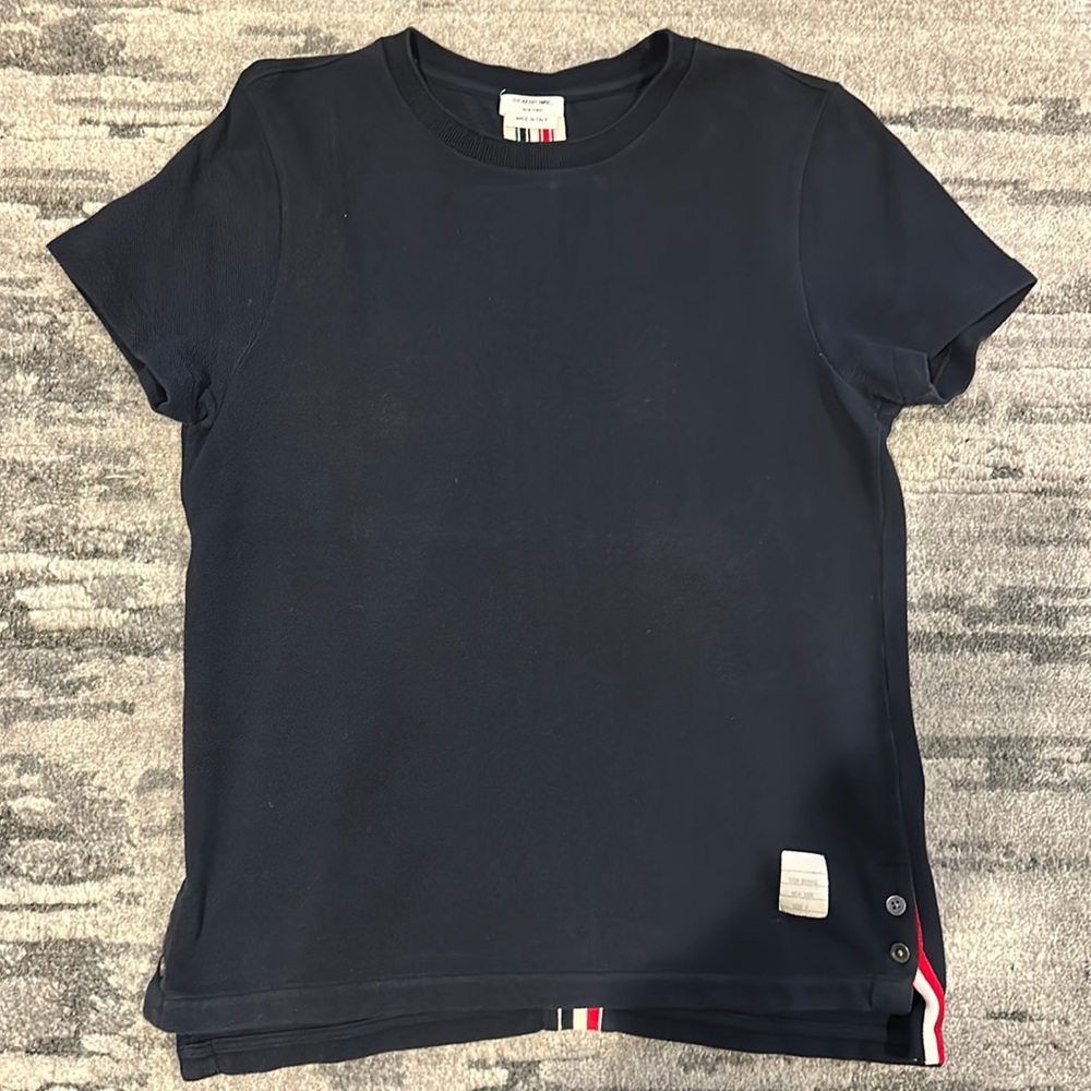 Thom Browne men’s navy pique t-shirt with RWB stripe on the back size 0